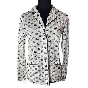 Tory‎ Burch Astrology Print Button Up Pajama Top Zodiac Signs Black White XS